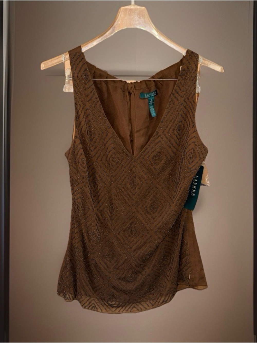 NWT Lauren Ralph Lauren Brown Ciffon Beaded V-Neck Camisole Top - 8